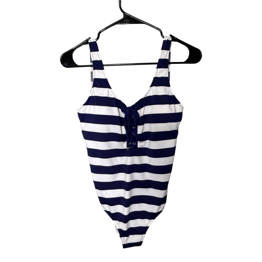 Mossimo Blue White Striped Lace-Up One-Piece Swimsuit Size M